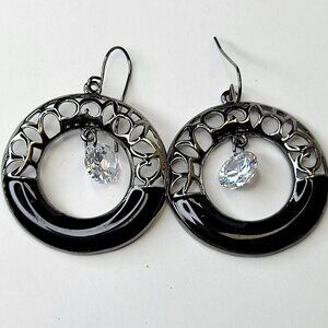 Black Filigree Round Earrings Black and Silver tone Dangle Earrings